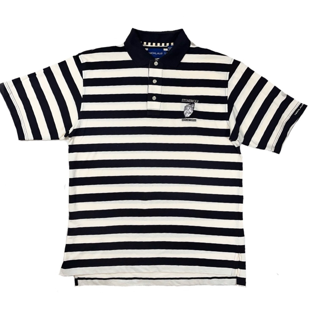 Nicklaus Design Mens Polo Shirt Large Black Beige Striped Stonewolf Embroidered